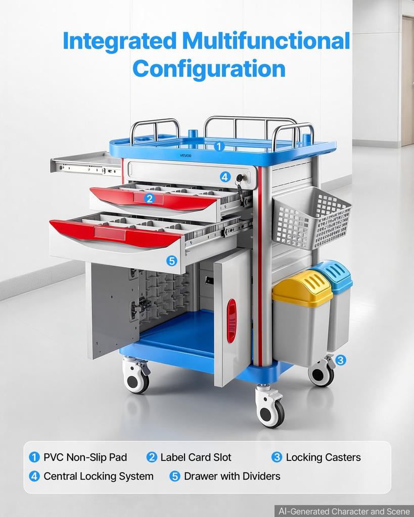 Medical Cart 110 kg Max Load Medical Trolley Cart with Cabinet, for Hospital, Clinic, Laboratory, Stable Support, with 2 Drawers, Silent Rolling