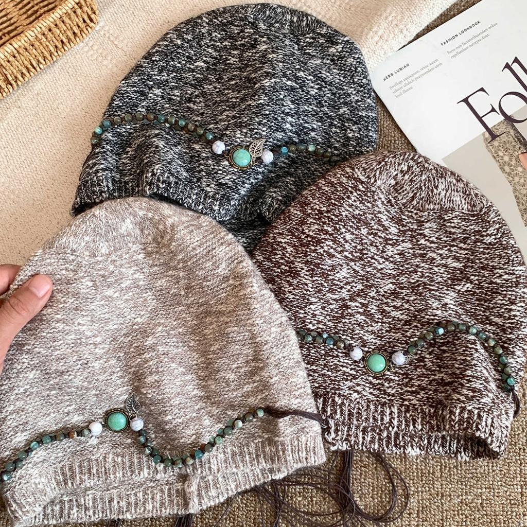 Korean Version Autumn and Winter Hat Women's Retro Versatile Ethnic Style Beaded Head Hat Big Head Circumference Warm Knitted Wool Hat