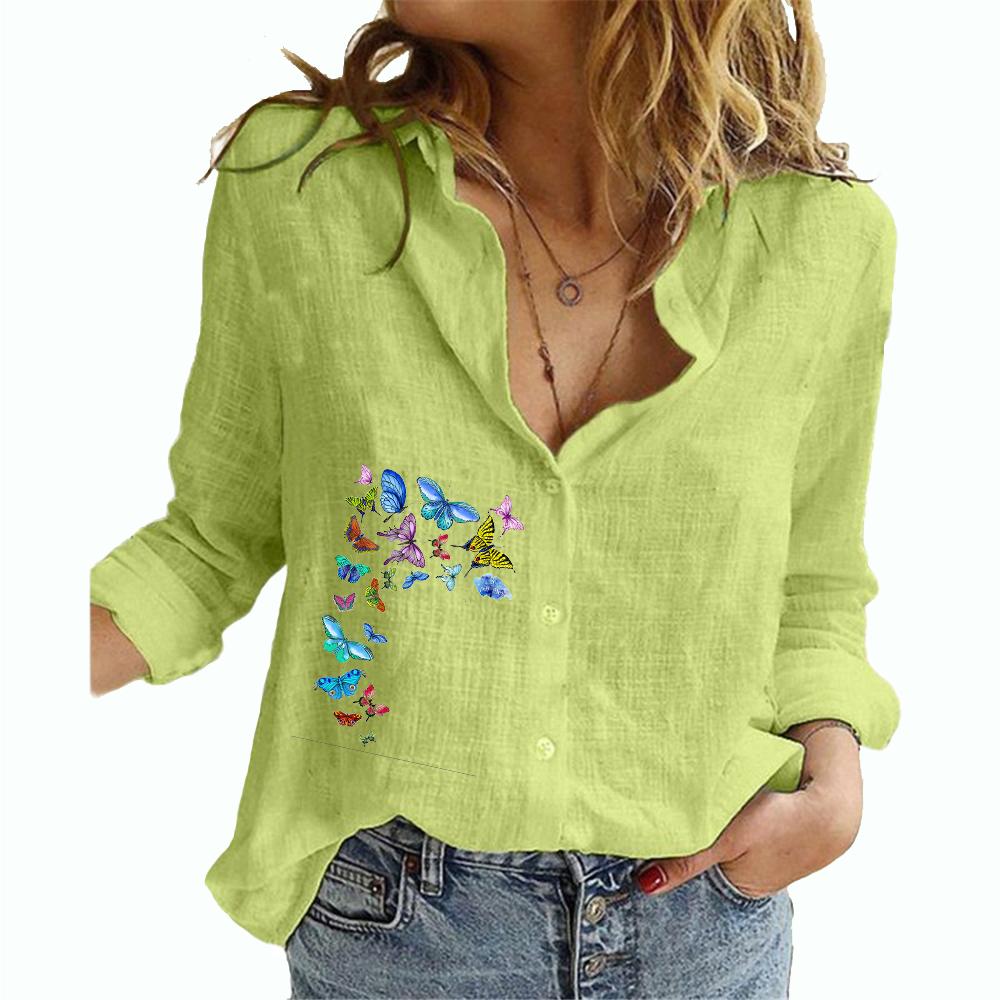 Women Fashion Print Shirt Female Casual Cotton Linen Long Sleeve Top Plus Size Loose Button-down Blouses