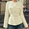Moda feminina casual cor sólida estampa outono inverno manga comprida gola redonda jaquetas e casacos