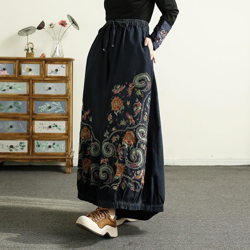 Ethnic Embroidered Floral Denim Wide-Leg Lantern Pants - Plus Size, Women s Loose Fit L (120-140 Jin) синий/джинсовый