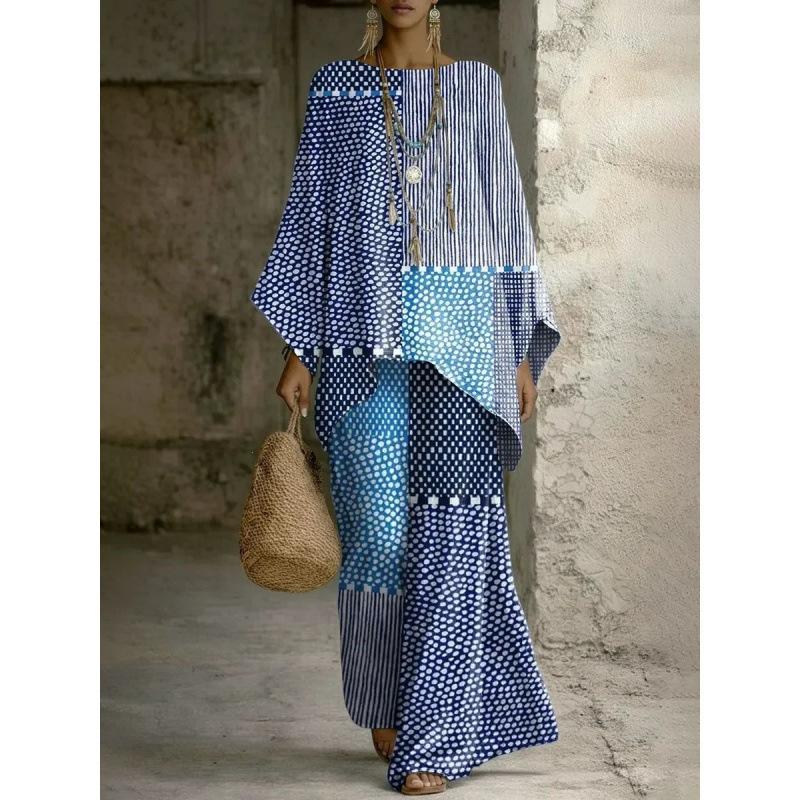 European and American retro bohemian suit exotic 1D printed loose top wide-leg pants temperament casual two-piece set