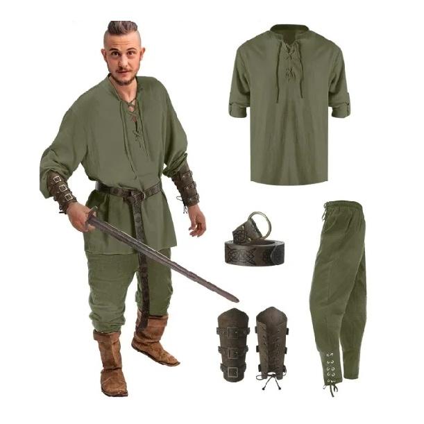 4 Pcs Halloween Men's Renaissance Costume Set Medieval Pirate Shirt Ankle Banded Pants Viking Belt Accessories