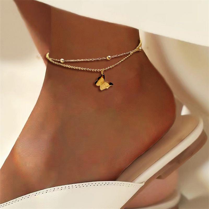 316L Stainless Steel New Fashion Jewelry 2 Layer Matte Butterflies Charm Beaded Anklet For Women Foot Chain Bijoux Femme