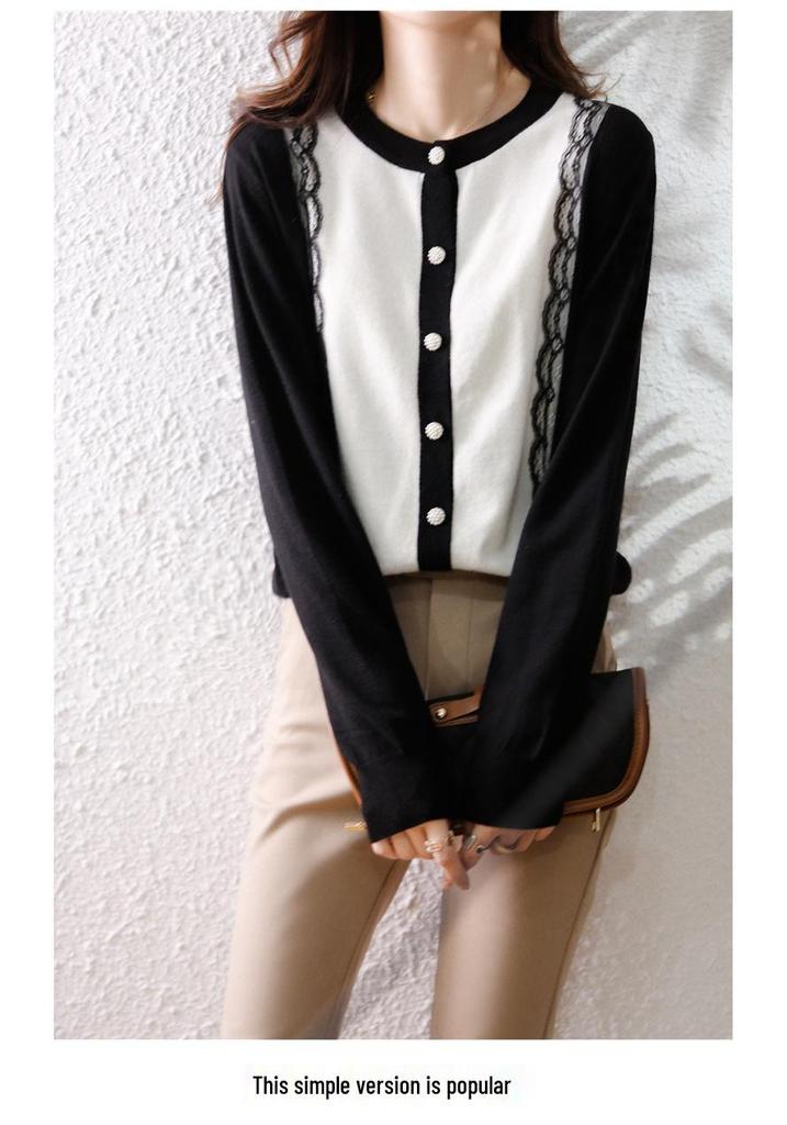 Women's Color Block Cashmere Knit Cardigan - Autumn/Winter Round Neck Lace Sweater Coat