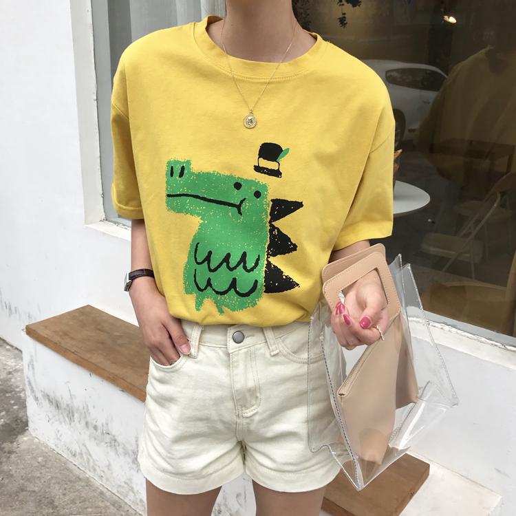 

summer Women funny cartoon Print T-Shirt Girl harajuku Round Neck loose Casual Y2K Harajuku Tops Graphic Tees graphic t shirts 2XL жёлтый