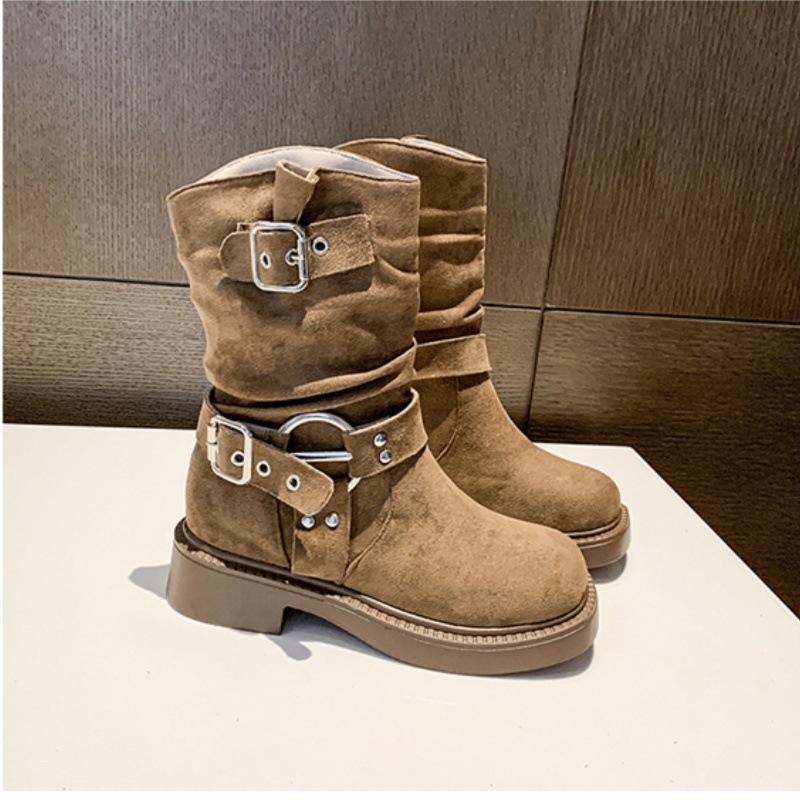 

Ботинки на толстой подошве, женские, рыцарские, ретро, замшевые, на толстом каблуке, с круглым носком, новые, 2025 года, тонкие ботинки, в британском стиле, высокие ботинки 42