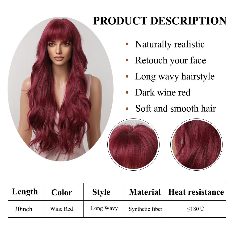 Lang Golvend Bordeaux Donkerrood Synthetisch Haar Pruiken met Pluizige Pony voor Vrouwen Wijnrood Body Wave Halloween Cosplay Natuurlijke pruik