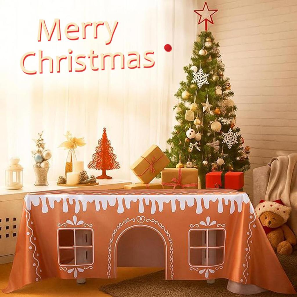 Christmas Tablecloth Washable Gingerbread House Cover Farmhouse Table Runner for Picnic Party Harvest Kitchen Dinner Festival