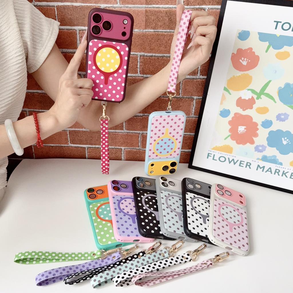 Creative Contrasting Color Polka Dot Magnetic Attraction Is Suitable for Apple 18promax Mobile Phone Case with Lanyard IPhone15 Anti-drop Sheath.