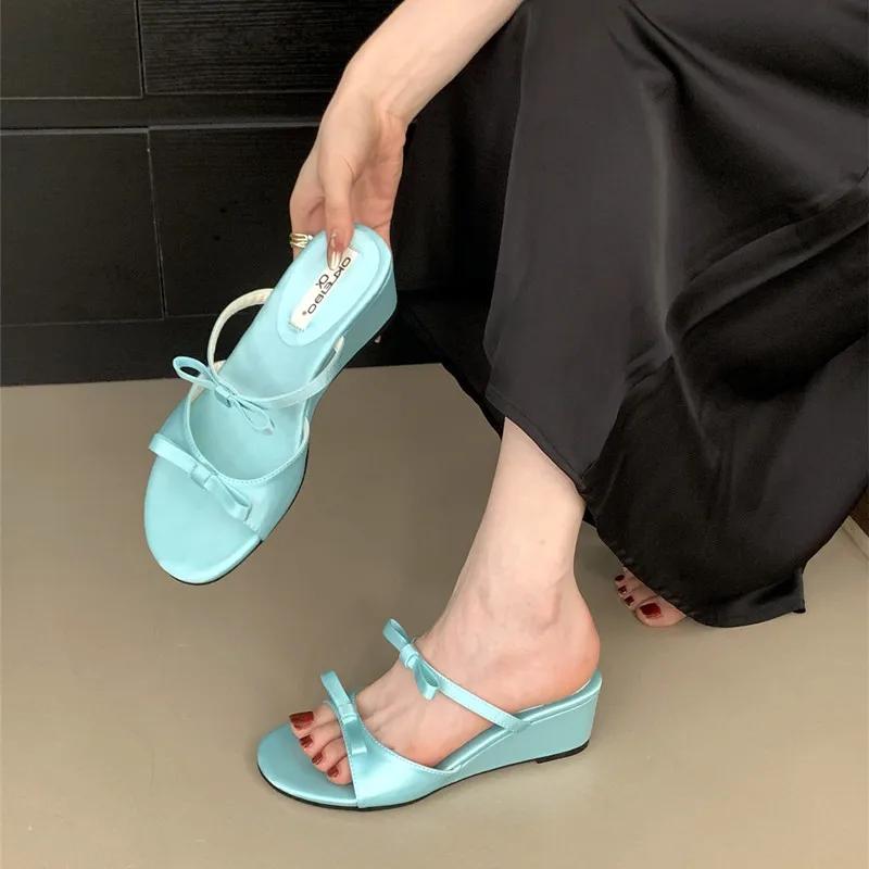 Fashion Elegant Bow Polka Dot Design Brand Slipper Women Fashion Narrow Band Slide Sandal Comfort Soft Bottom Dresses Sandalias De Mujer