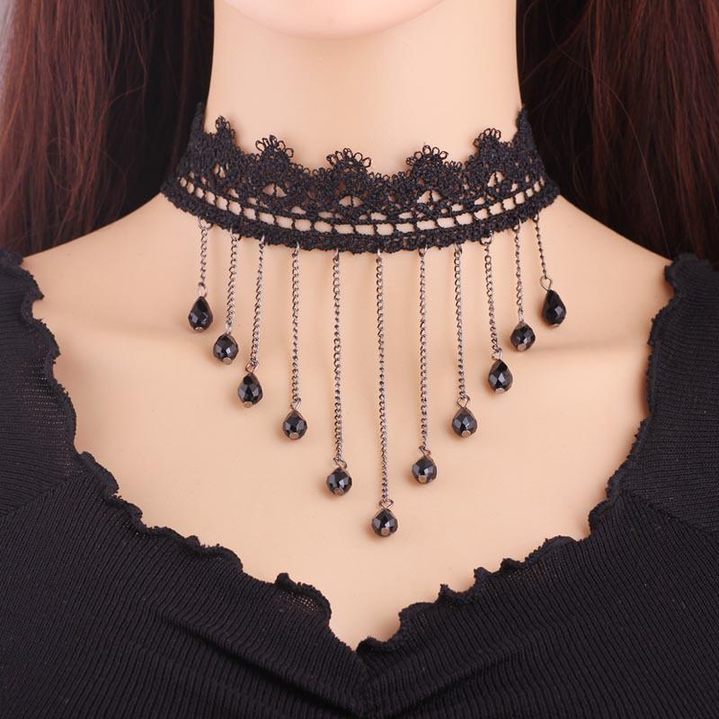 Party Black Beaded Flowers Sexy Lace Neck Choker Necklace Tassel Chain Women Halloween Jewelry