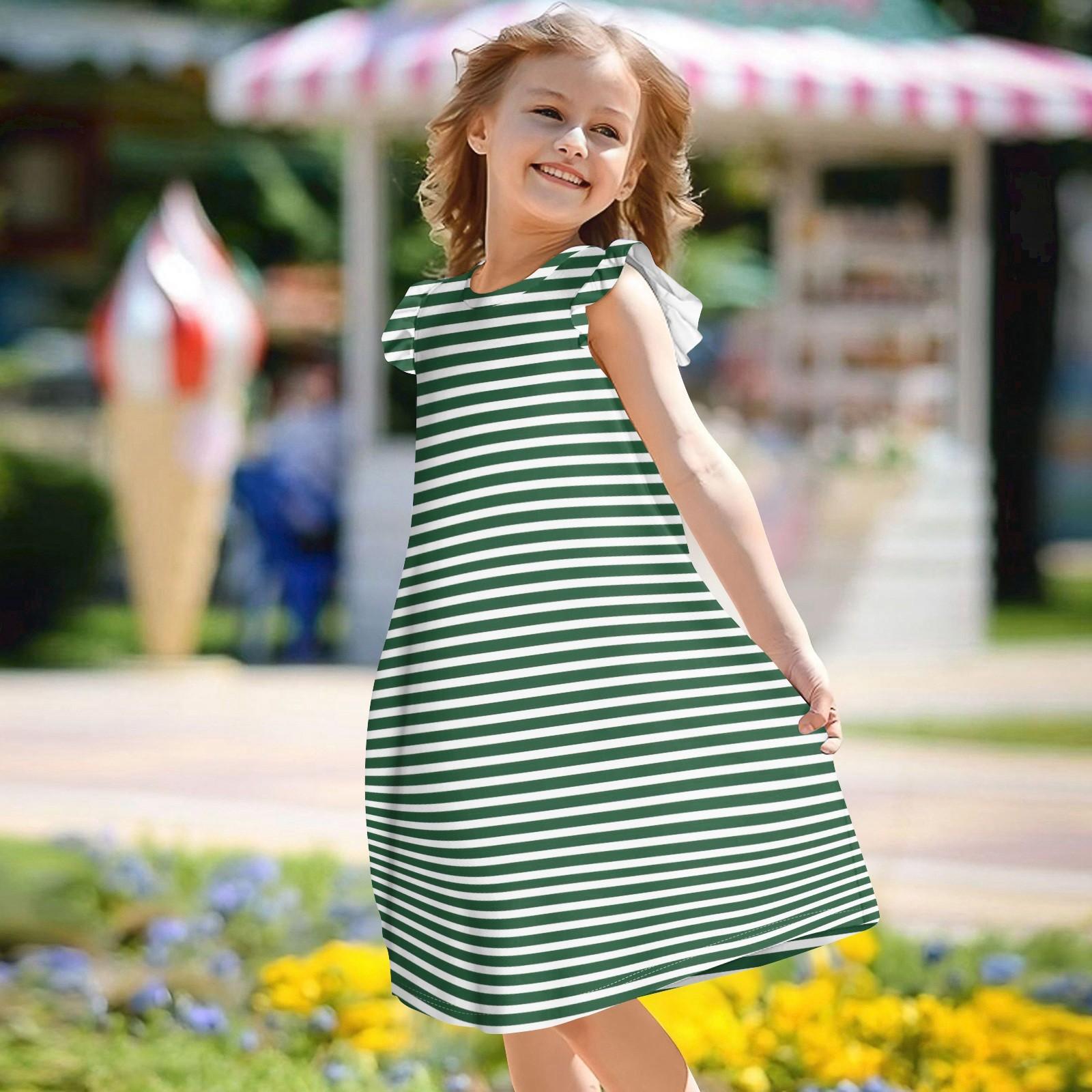 Children s Flying Sleeve Round Neck Summer A-Line Casual Holiday Striped Loose Dress 130