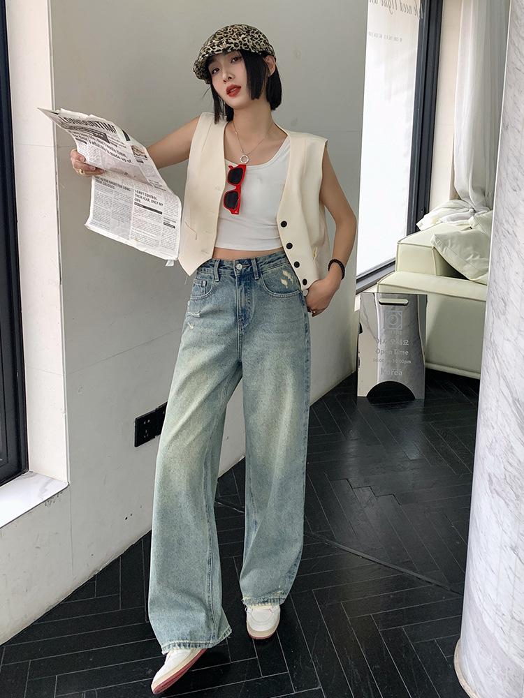 

Женские джинсы с высокой талией в американском ретро-стиле с рваными деталями и широкими штанинами - Весенняя мода, свободный крой. 27 синий