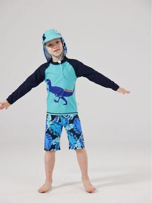 Korean Style Boys' Dinosaur Long-Sleeve Two-Piece Swimsuit with Sun Protection, Quick-Drying, for Older Children.