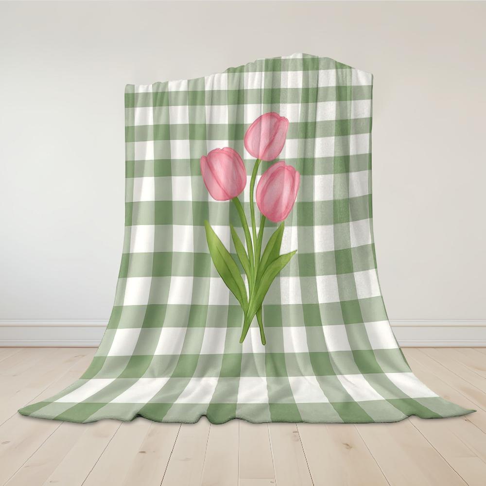 Gingham Tulip Flannel Blanket Warm Soft Halloween Christmas Couch Warm Cozy Decorative Decor Gift for All Season
