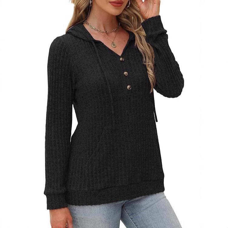 2025 Autumn/Winter Women's Solid Color Ribbed Knit Hoodie Sweater