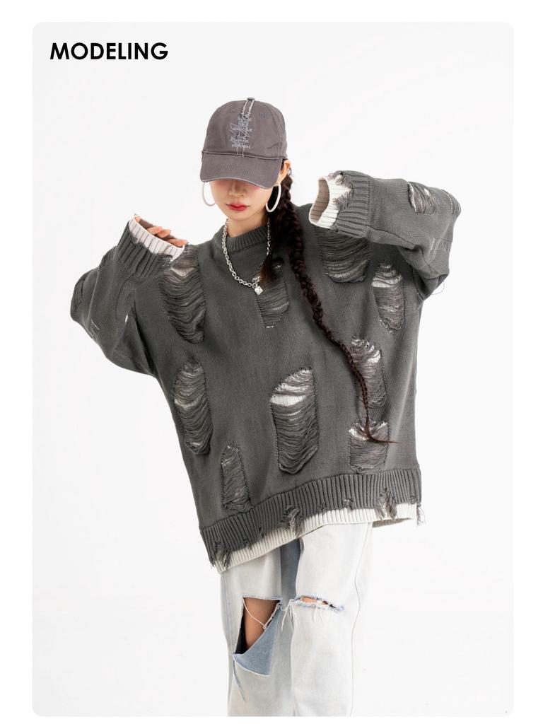 TIDE CARD LOG Nadměrný roztrhaný streetwearový svetr ve stylu dvoudílného kompletu pro muže a ženy