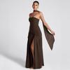 European & American Elegant Off-Shoulder Slim Fit Slit Dress with Ribbon Back