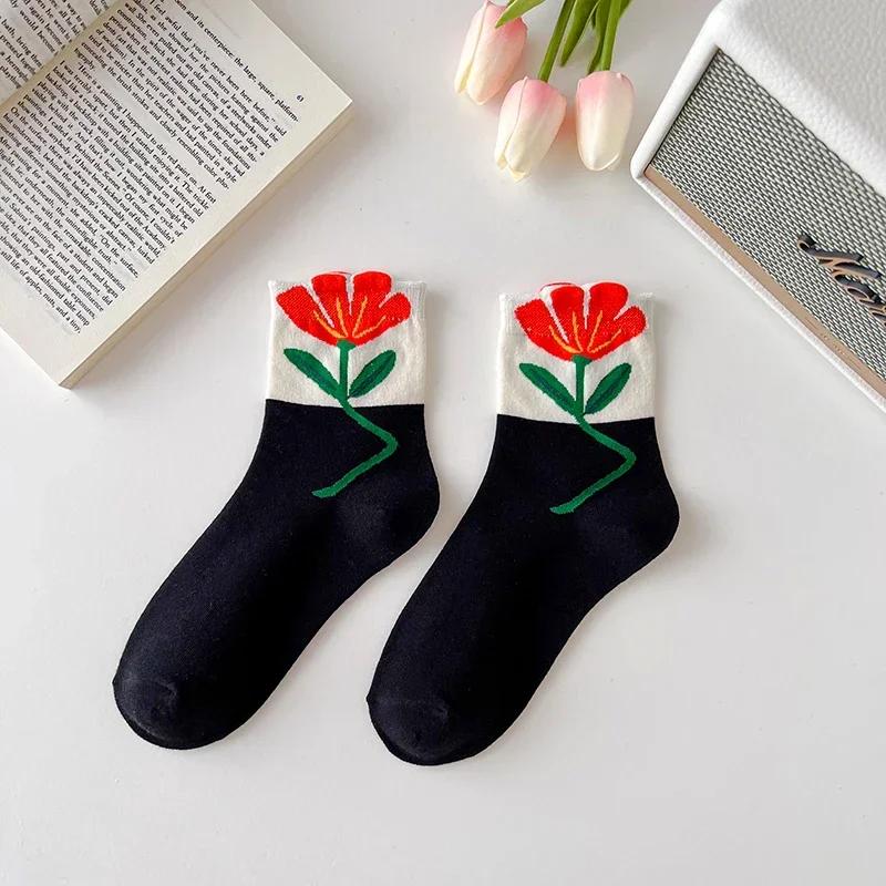 Women Socks Korean Japanese Style Cartoon Green Flower Harajuku Cute Kawaii Mid Tube Socks Breathable Casual Short  Cotton Socks