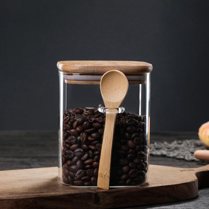 800/1000/1200ML Large Capacity Square Sealed Glass Jar with Spoon Seasoning Coffee Bean Storage Jar Home Sealed Storage Tanks