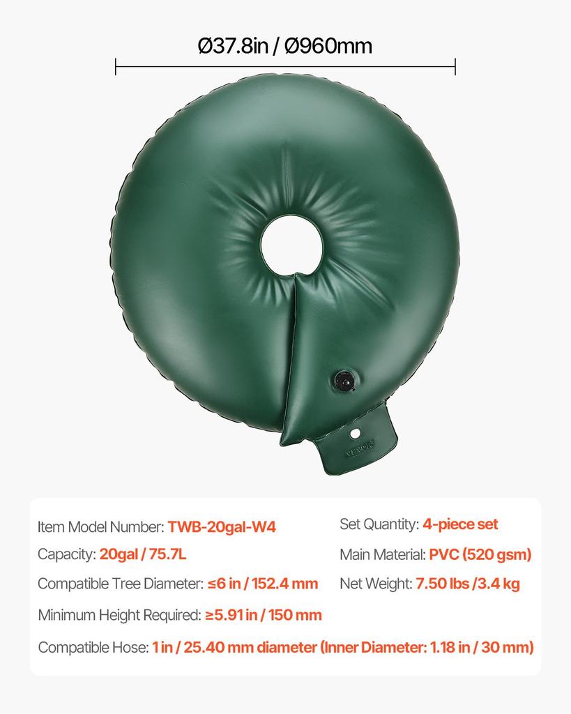 VEVOR Tree Watering Rings, 4 Pcs 20 Gallons Tree Watering Bags, 6-9 Hours Slow Release, Refillable Planting Water Bags, Water Saving