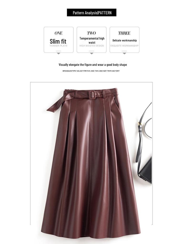 Women's Haining Lambskin A-Line Midi Skirt - High-Waisted, Slim Fit with Large Hem, Elegant Design