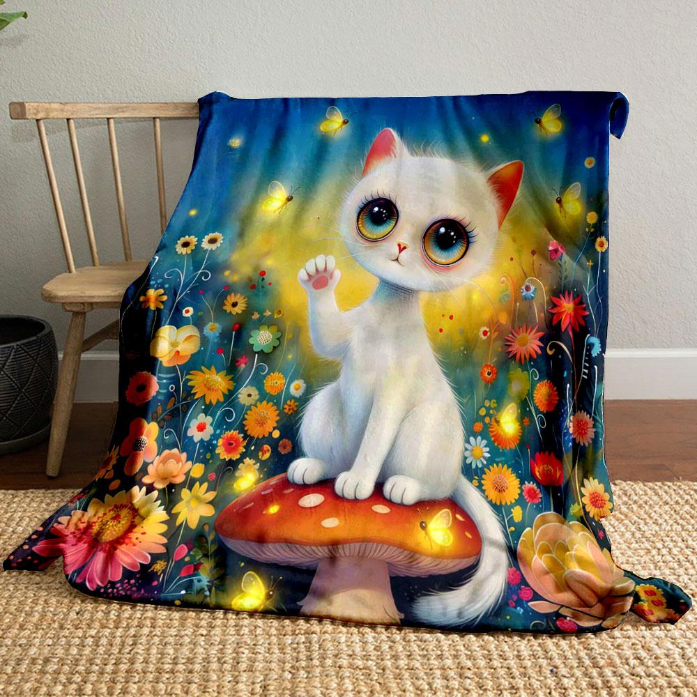 1PC Cartoon Kitten and Flower Illustration Print Warm Comfortable Blanket Home Travel Camping for Adults and Kids Luxury Gifts