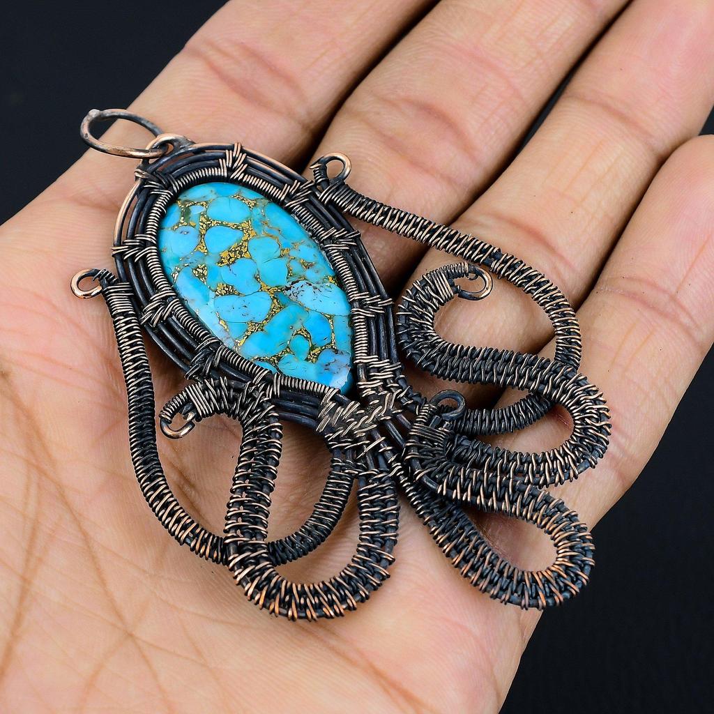 Copper Turquoise 999 Copper Wire Wrapped Pendant, Handmade Pendant Gemstone Jewelry, Gifts For Wife Brand New Pendant