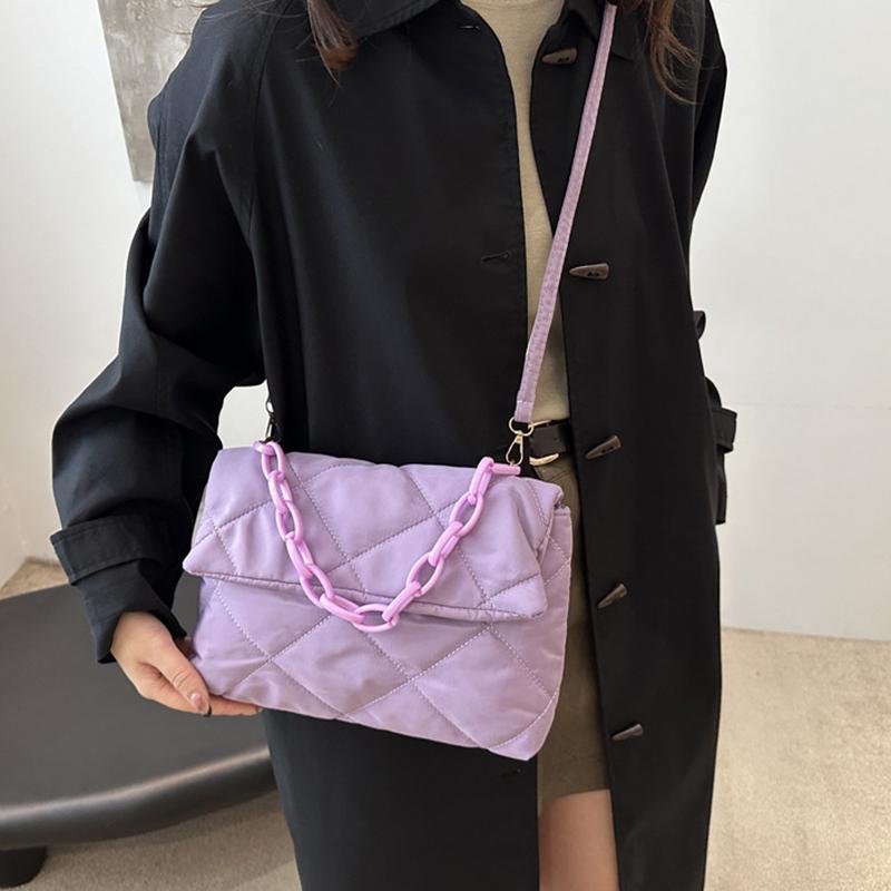 Geantă de mână matlasată de iarnă, căptușită cu bumbac, pentru femei, cu lanț, model rombic, designer, geantă din puf de pene, poșetă, genți tote de umăr pentru doamne