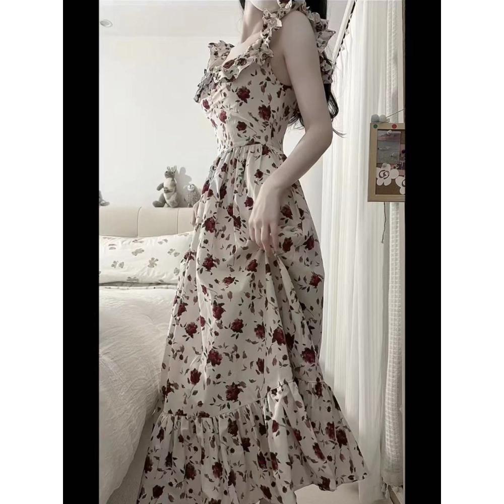 Sweet and gentle floral small flying sleeve dress women's high waist thin skirt summer medium and long dress new