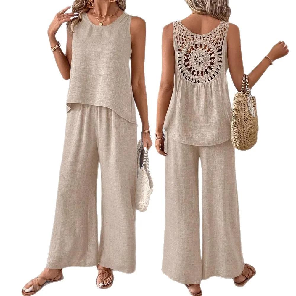 Casual Fashionable Pure Color Back Hollow Out Long Pants Set Women's Leisure Ensemble Elegant Style Summer Season Sleeveless Sets