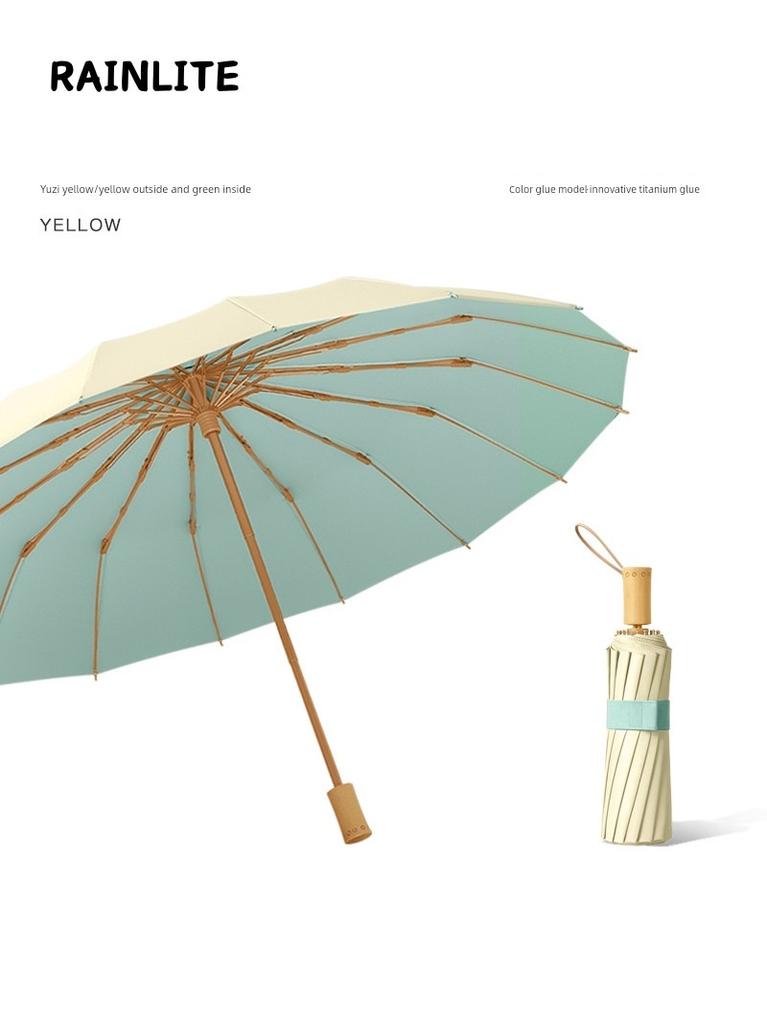 Rainlite16 Bone Color Glue Sun Umbrella Three Fold Small Fresh Wooden Handle Umbrella Girl Solid Folding Umbrella Sunshade Umbrella