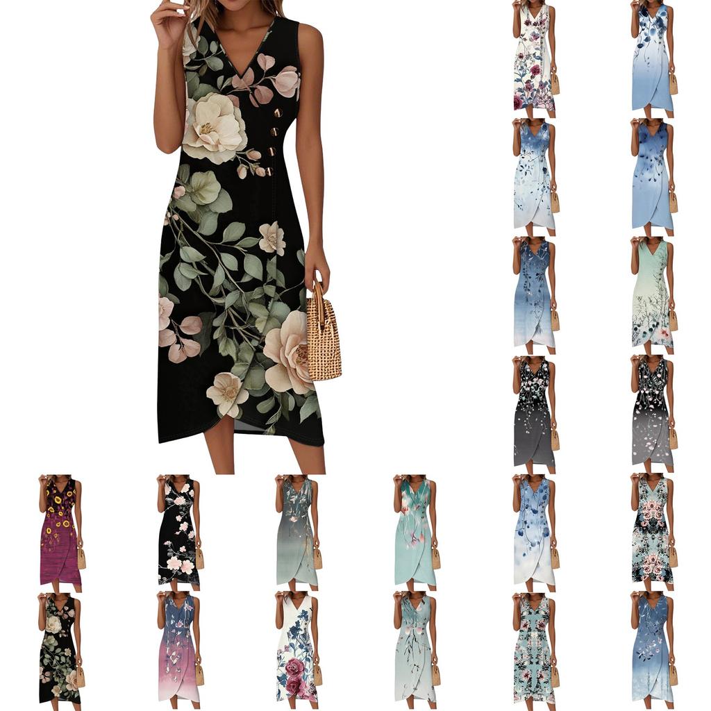 Women's Casual V-Neck Spring/Summer Sleeveless Button Retro Print Dress