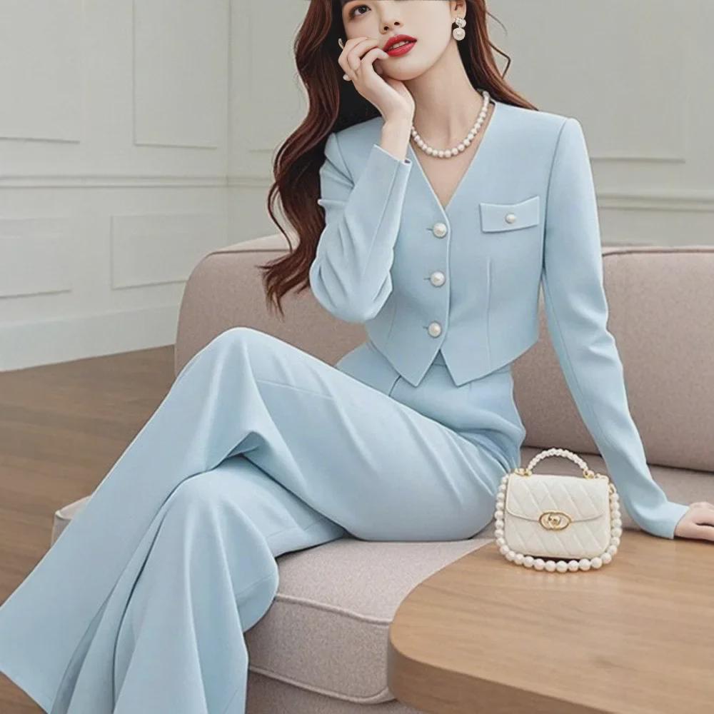 Women's Light Luxury Two-Piece Suit: Blue Short Coat & Wide-Leg Pants