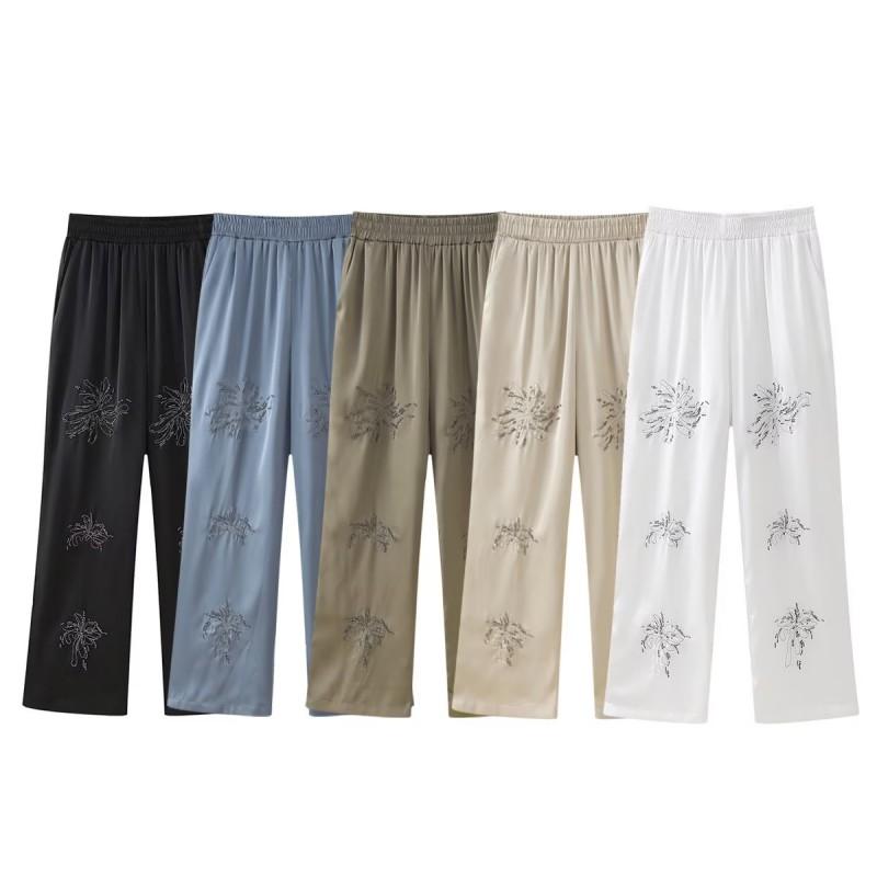 2026 Womens Wide Leg Pants Beaded Embroidered Casual Trousers