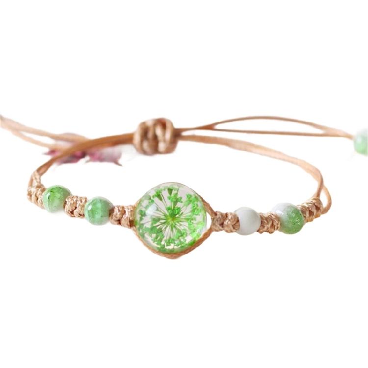 

Adjustable Handmade Bracelet Ceramic Glass Flower Beads and Waxed Cord Handchain Braided Wristchain Handmade Jewelry зелений