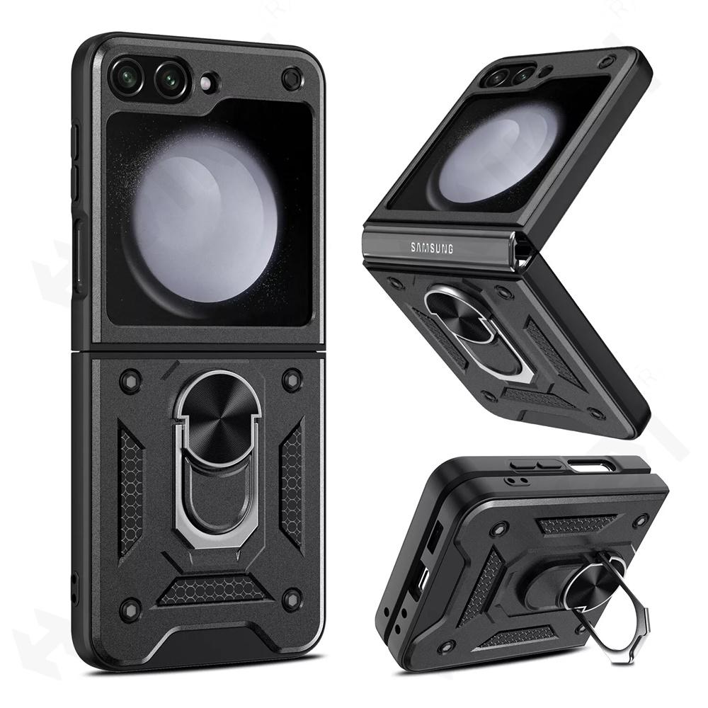 

Бронированный чехол для Samsung Galaxy Z Flip 6 5 4 3, чехол с подставкой, подставкой, кольцом, магнитным и противоударным защитным чехлом для камеры военного класса Samsung Z Flip 3 чёрный