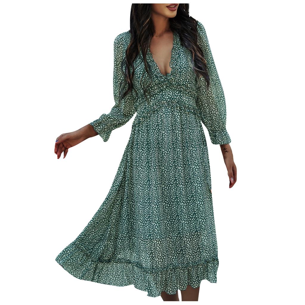 Damemote Langermet V-hals skjørt Plissert Kne-lengde Print Dress