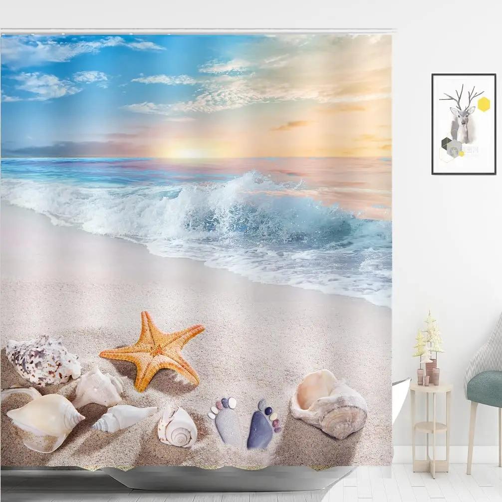 Starfish Beach Shower Curtains 3D Seashell Ocean Theme Waterproof Polyester Fabric Bathroom Decor with Hooks Bathtub Curtains