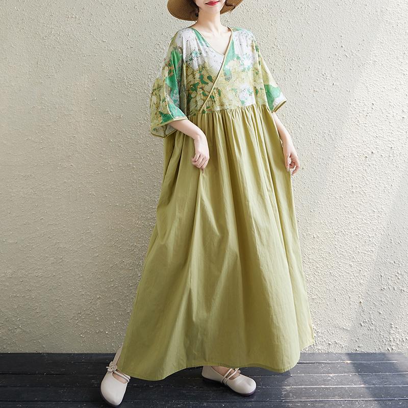 

Dimanaf 2025 Женское новое летнее платье большого размера с V-образным вырезом, принтом, базовое повседневное, цветочное, с коротким рукавом, свободное длинное платье One Size зелёный