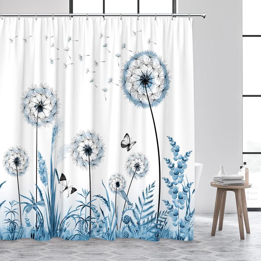 Dandelion Shower Curtain Watercolor Floral Farm Rustic Butterfly Plank Plant Polyester Fabric Bathroom Decor Curtain Washable