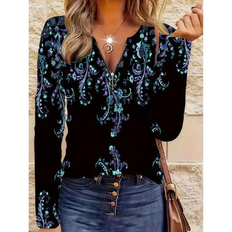 Long Sleeved Zipper T-shirt for Women's Fashion Items, Party Gatherings, Full Body Printed Patterns