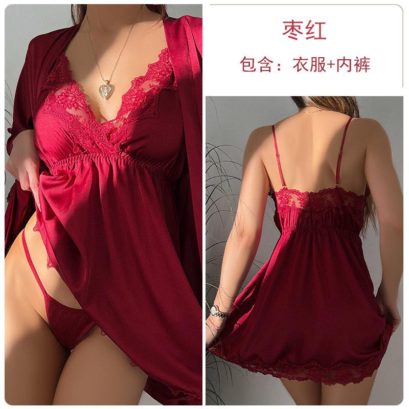 Women's Satin Mesh Deep V Comfy Cami Sleep Dress with Robe Lounge Set