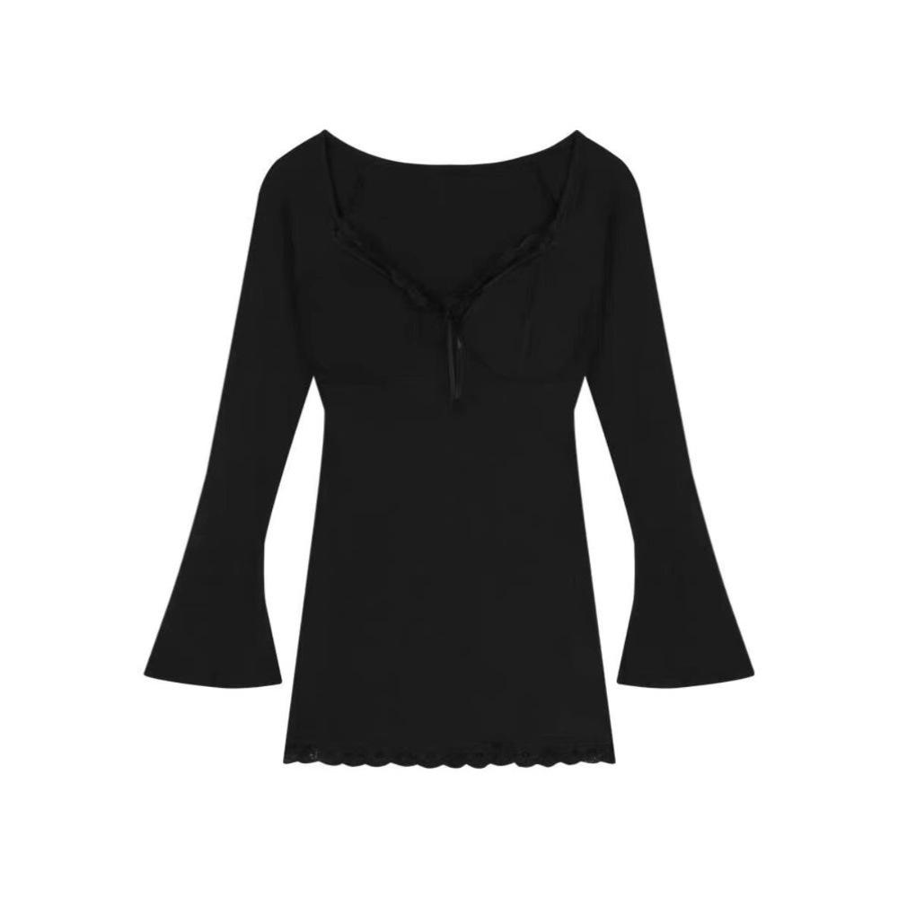 Autumn and winter pure desire French V-neck long-sleeved dress women's new casual design lace hip-wrapped bottoming short skirt