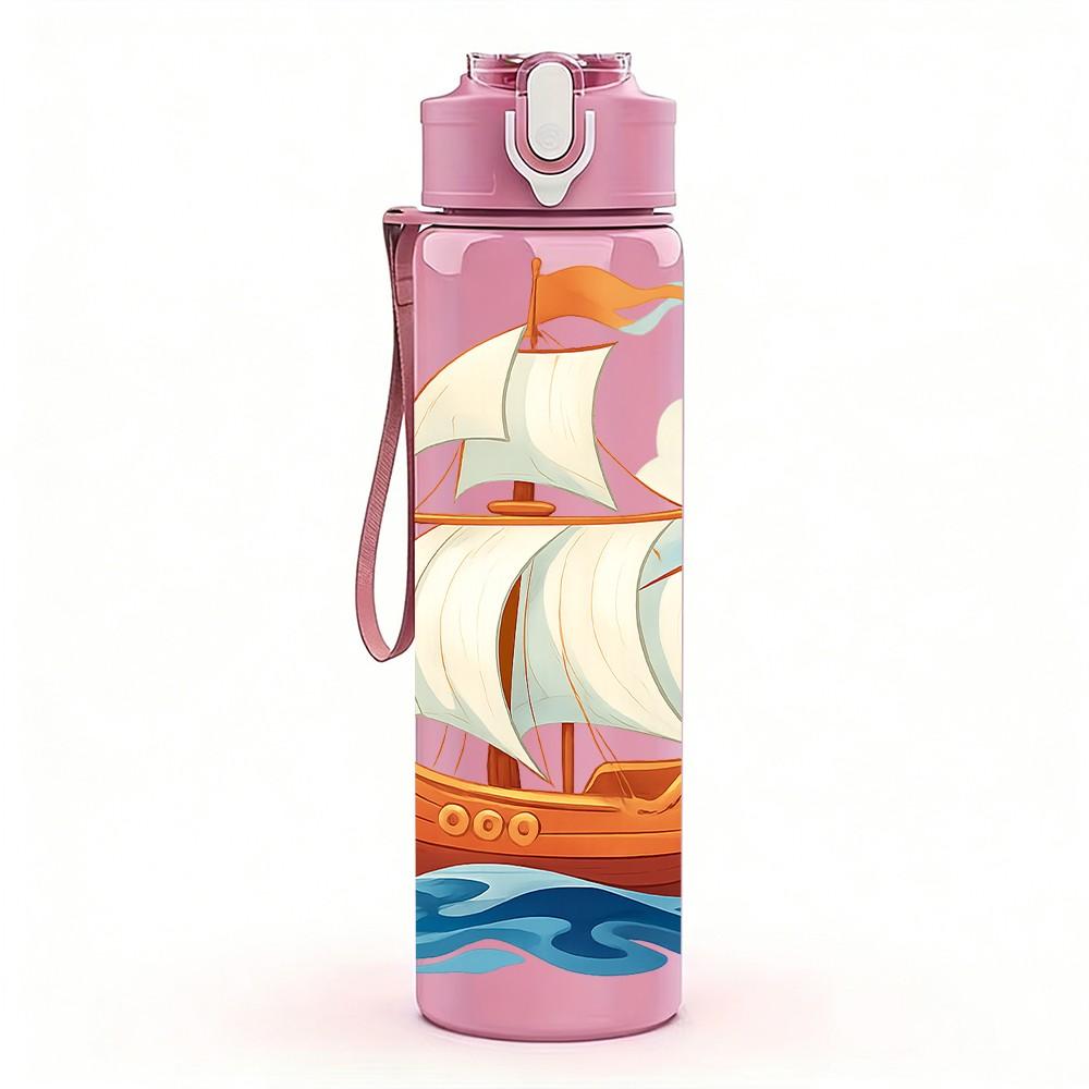 1PC Old Fashion Sailboat Ocean Pattern 750ml Color Plastic Sports Water Bottle Leakproof Flip Straw Lid Suitable for Sports Office Home Use