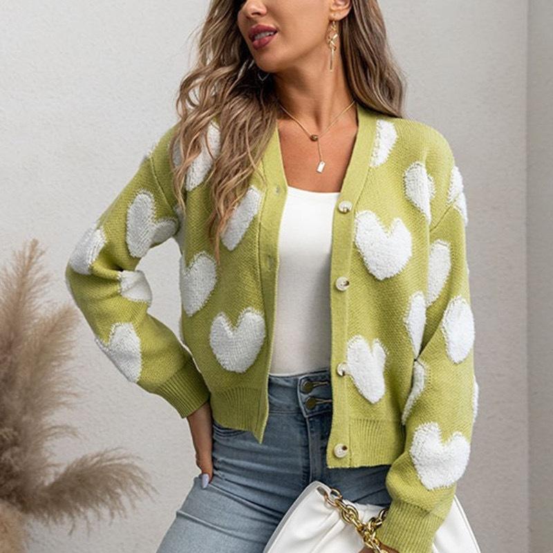 

Европейский и американский стиль осень и зима новый женский вязаный кардиган однобортный флисовый свитер с любовью куртка женский тренд 411-32 (average size) зелёный