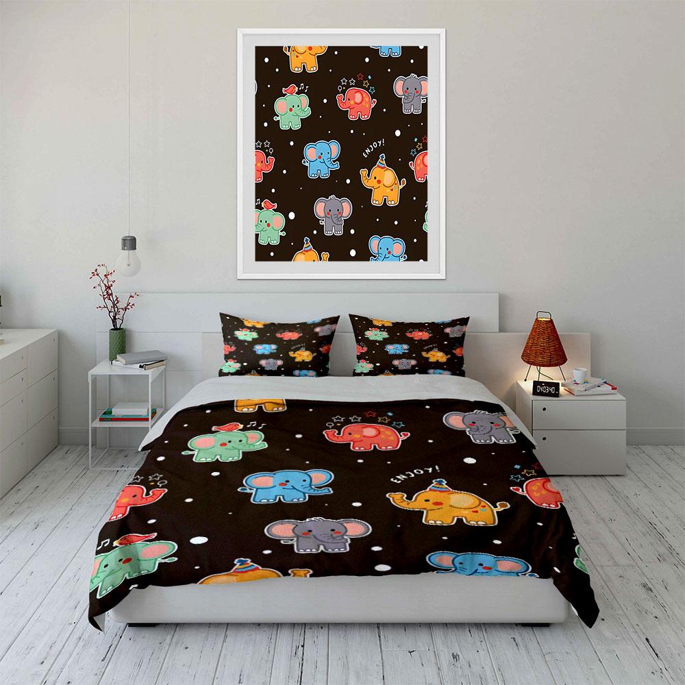 Cartoon Colorful Elephants with Decorations Print Bedding Set 1 Duvet Cover 2 Pillowcases for Adult and Children Luxury Gift