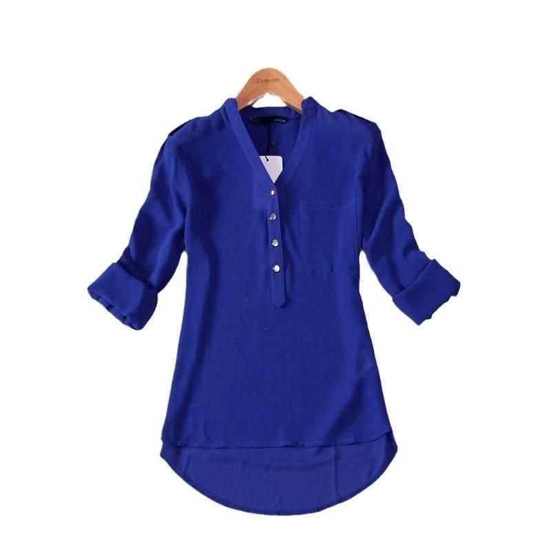 V Neck Chiffon Blouse With Large Pockets Loose Fit Long Sleeve Shirt For Women
