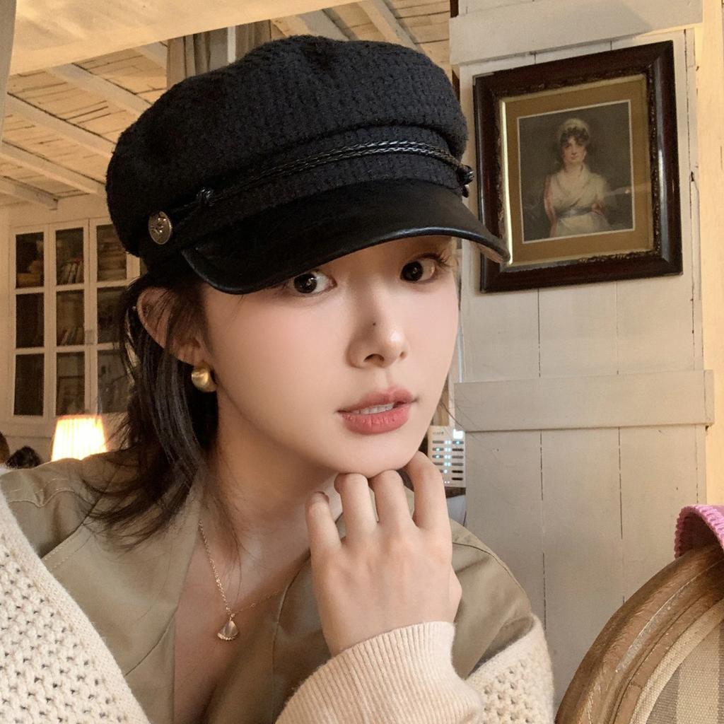 Korean Retro Black Beret for Women In Autumn and Winter with Large Head Circumference Newsboy Hat Painter Hat for Women Showing A Small Face